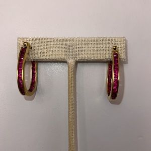 Ruby (lab-created) Oval Earrings with Double Rows of Rubies with Gold Vermeil